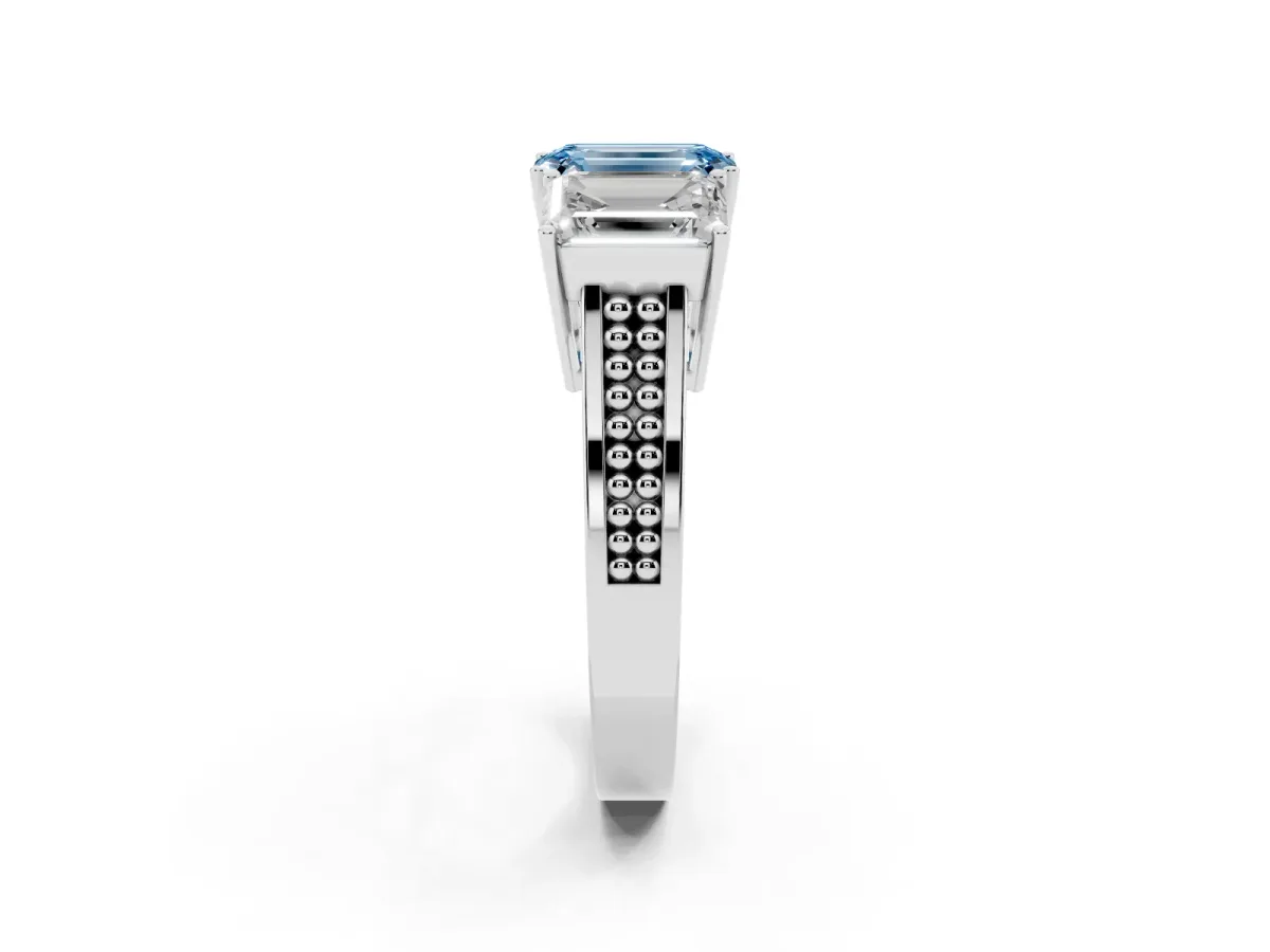 Fancy Blue Emerald Cut Diamond Three-Stone Ring with Prong Setting and Textured Band White gold