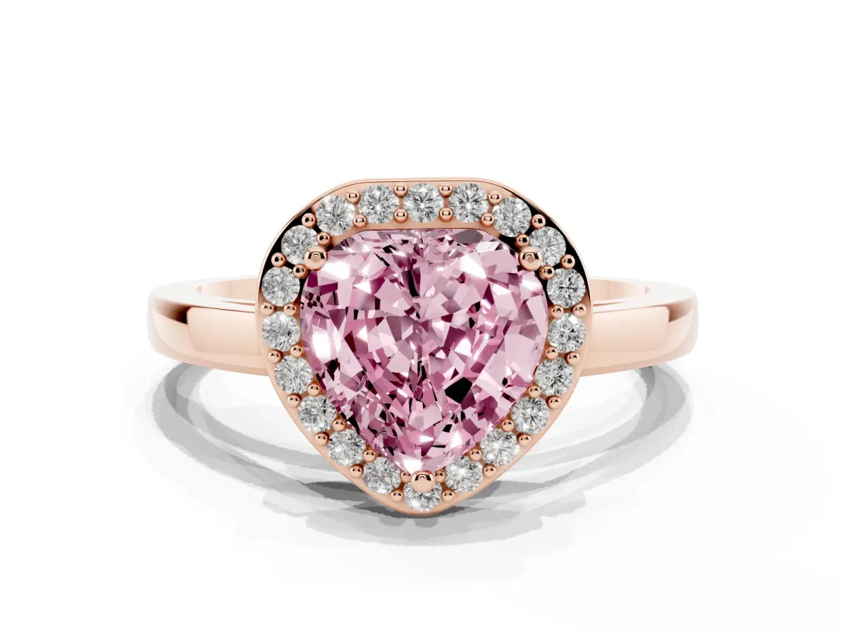 Fancy Pink Heart Cut Halo Diamond Ring with Solitaire Band and Prong Setting Rose gold