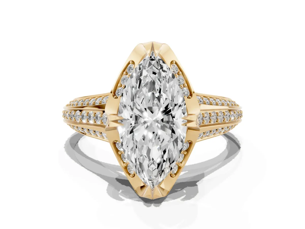 Marquise Cut Solitaire Pave Split Shank Ring with Four-Prong Setting Yellow gold