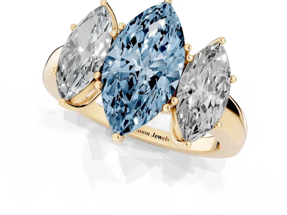 Fancy Blue Marquise Cut Diamond Three-Stone Ring with Four-Prong Setting and Classic Band Yellow gold