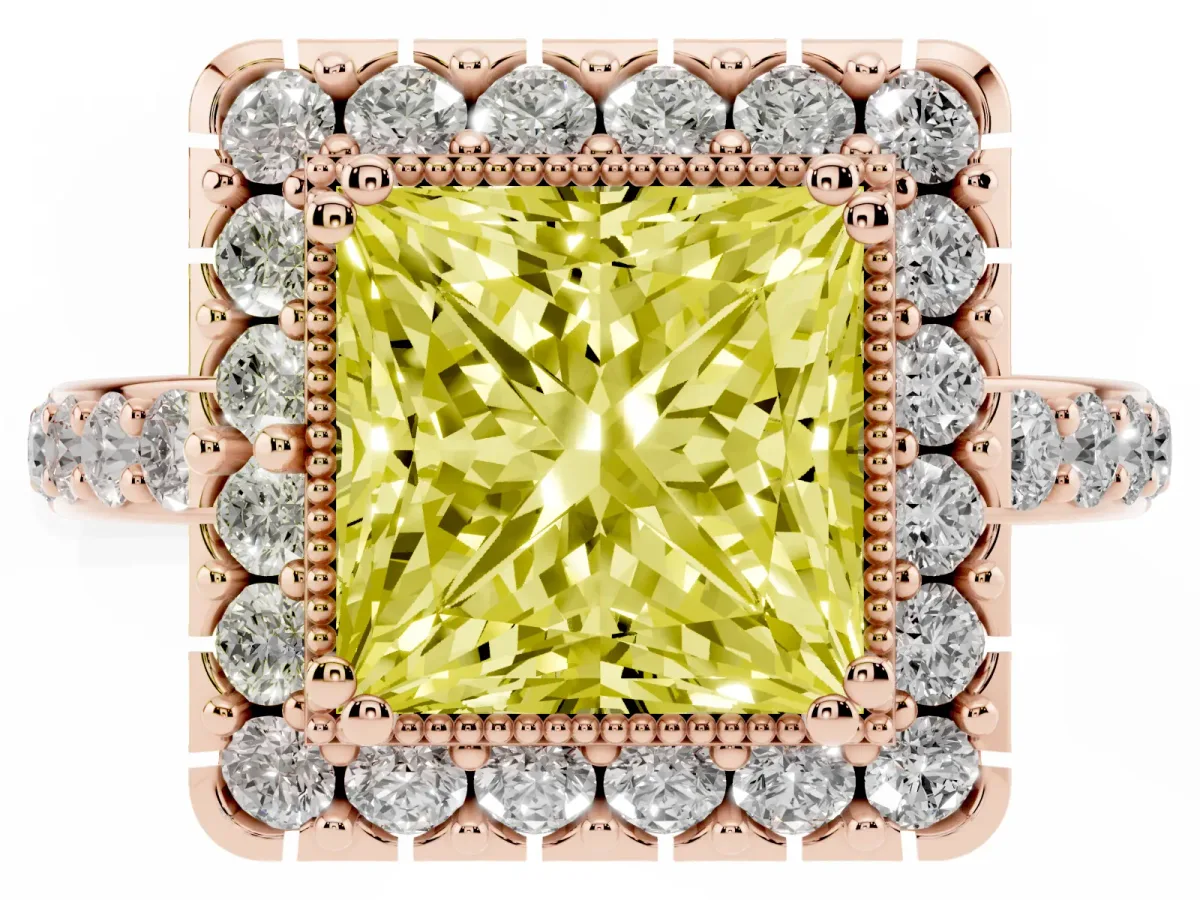 Fancy Yellow Princess Cut Diamond Halo Ring with Pavé Band and Prong Setting Rose gold