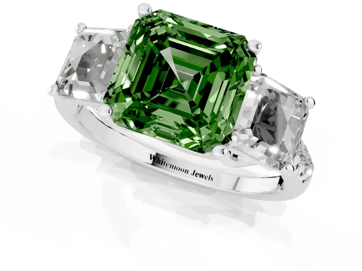 Fancy Green Three-Stone Asscher Cut Diamond Ring with Round Pavé Band and Prong Setting Silver