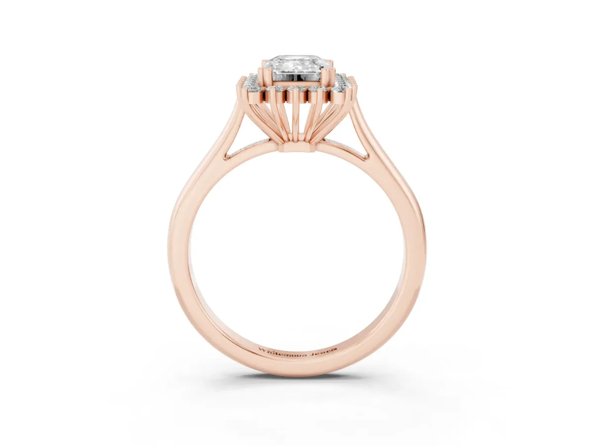 Emerald Cut Cut Diamond Halo Ring with Solitaire Band and Prong Setting Rose gold