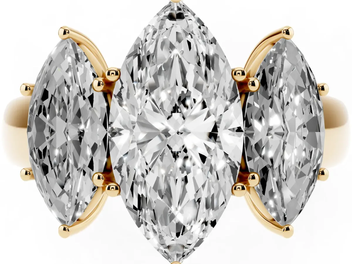 Three-Stone Marquise Cut Cut Diamond Ring with Prong Setting and Classic Band Yellow gold
