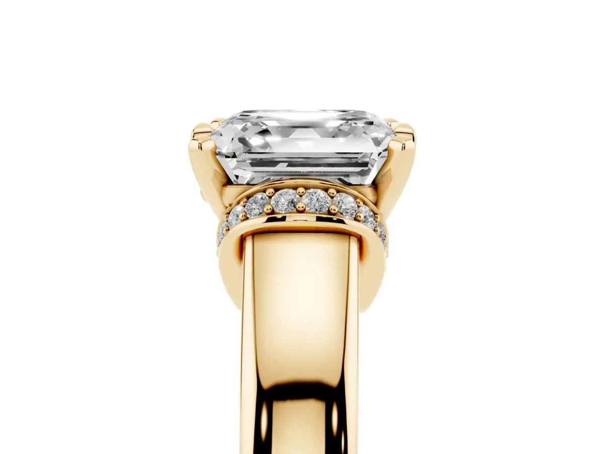 Asscher Cut Solitaire Diamond Ring with Pave Band and Six-Prong Setting Yellow gold