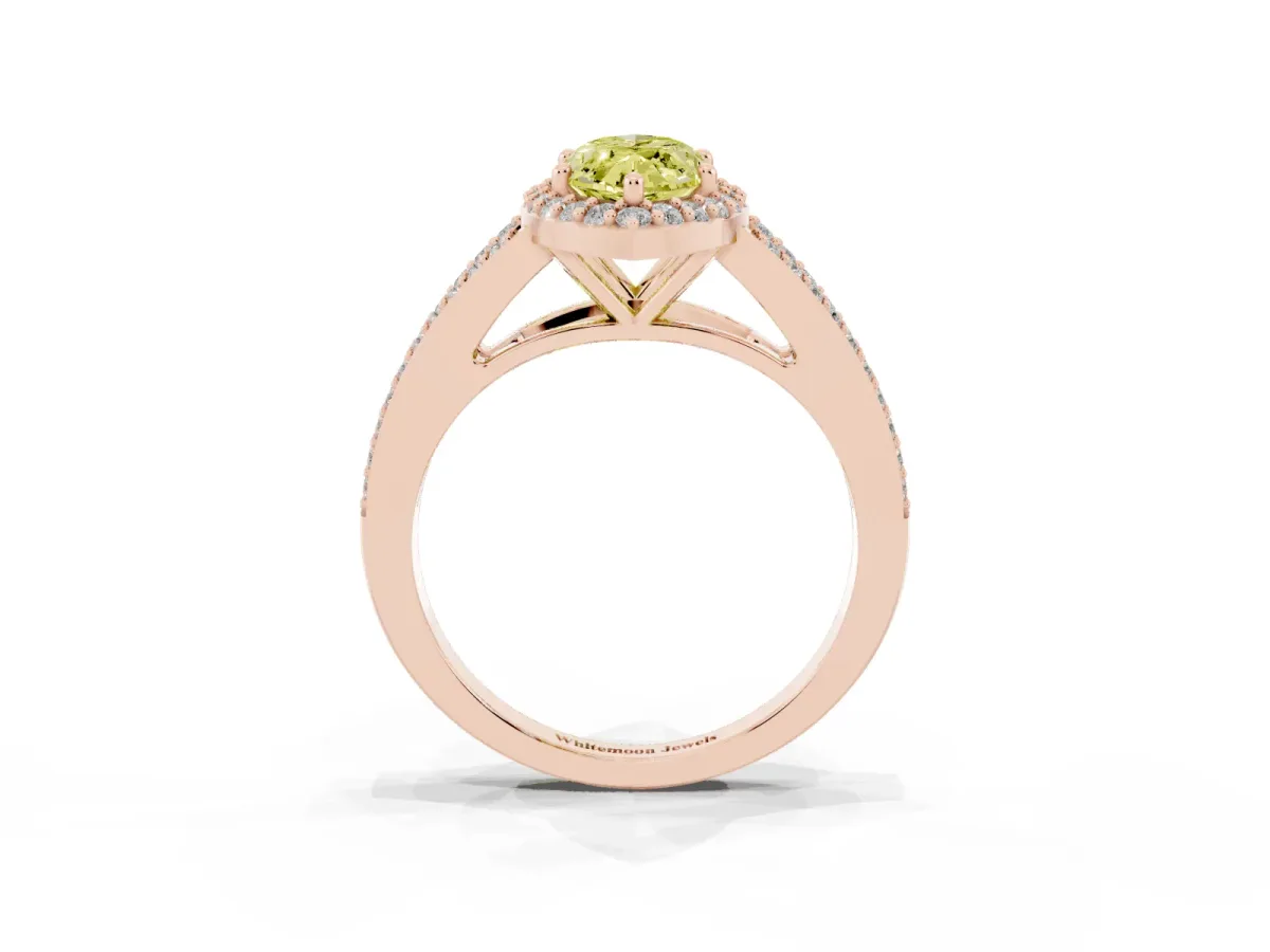 Fancy Yellow Marquise Cut Halo Split Shank Diamond Ring with Prong Setting Rose gold