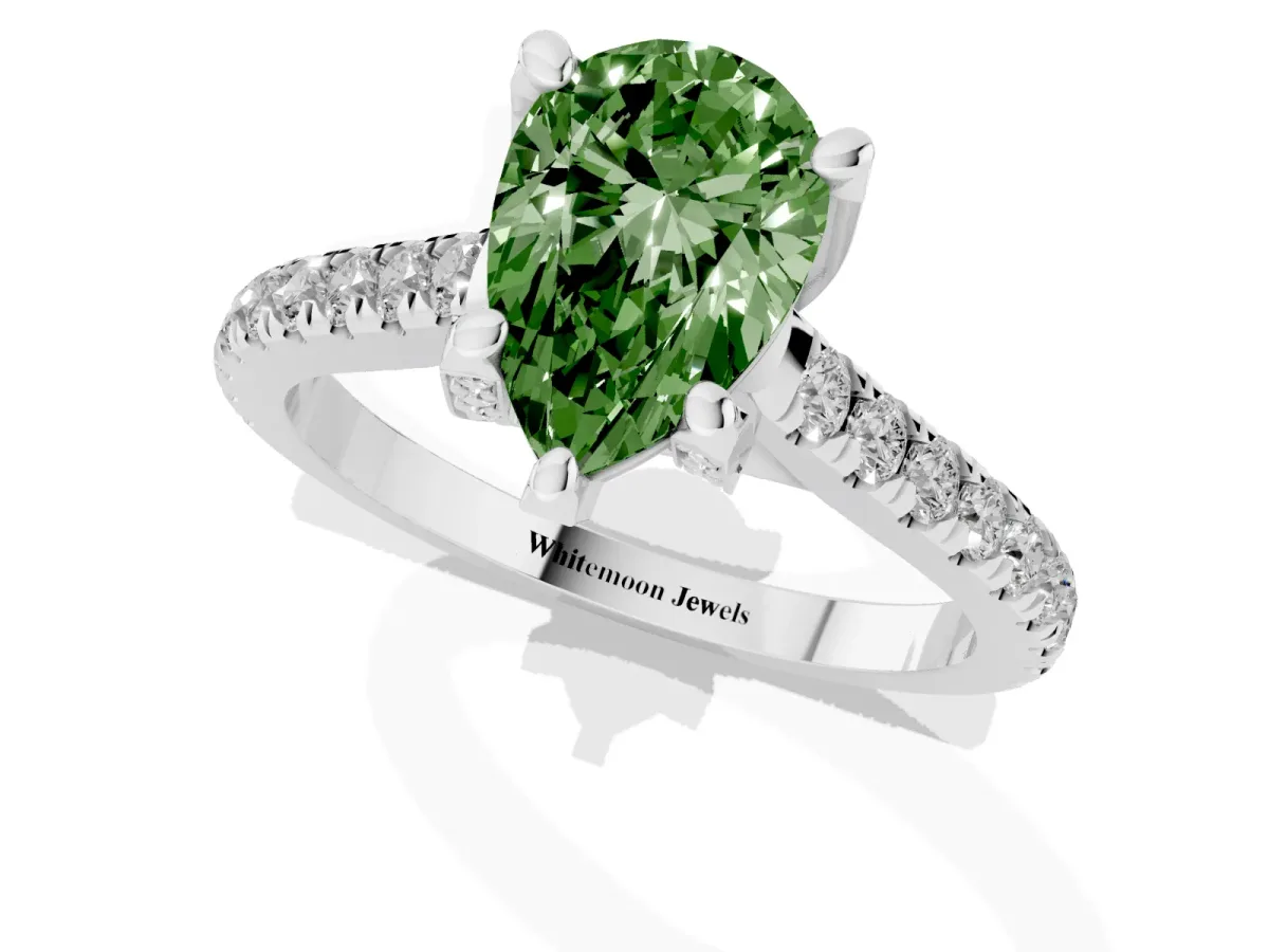 Fancy Green Pear Cut Brilliant Diamond Solitaire with Pavé Band and Four-Prong Setting Silver