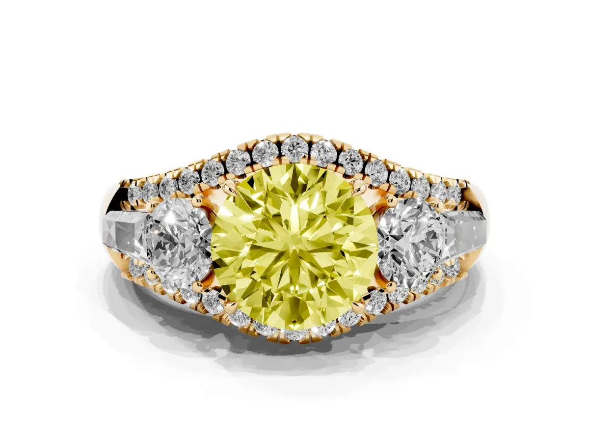 Fancy Yellow Three-Stone Round Cut Diamond Engagement Ring with Pave Band and Prong Setting Yellow gold