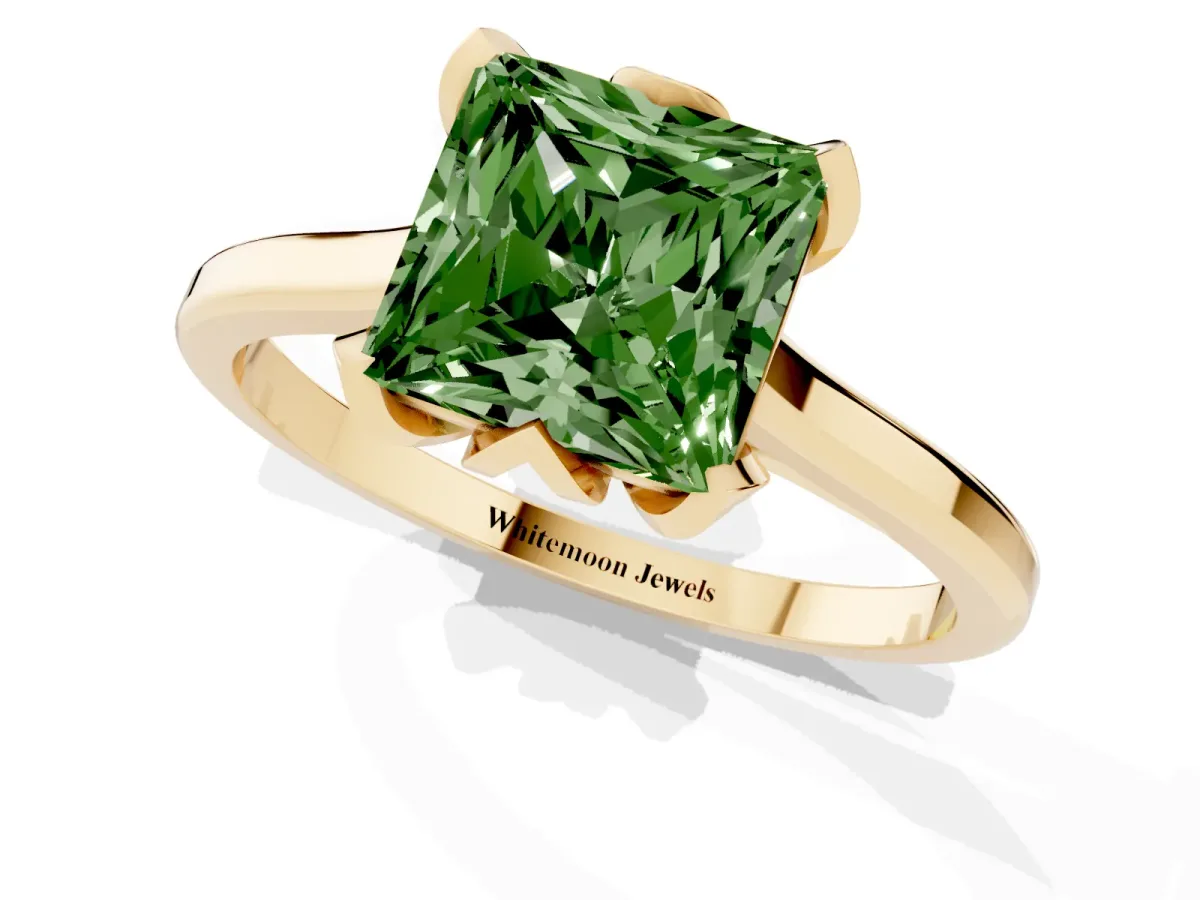 Fancy Green Princess Cut Diamond Solitaire Ring with Flower Prong Setting and Classic Band Yellow gold