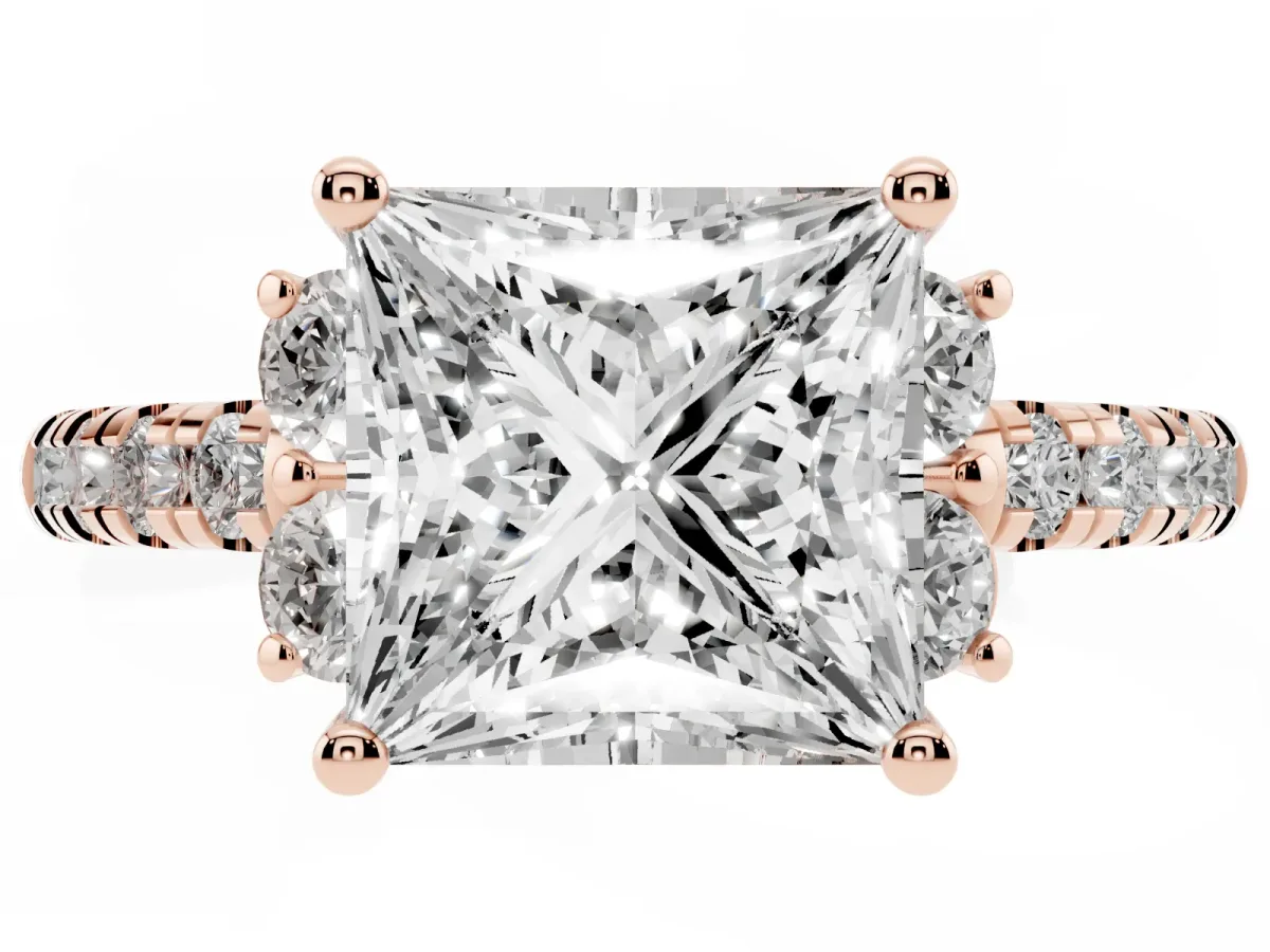 Princess Cut Diamond Three-Stone Pave Band with Four-Prong Setting Rose gold