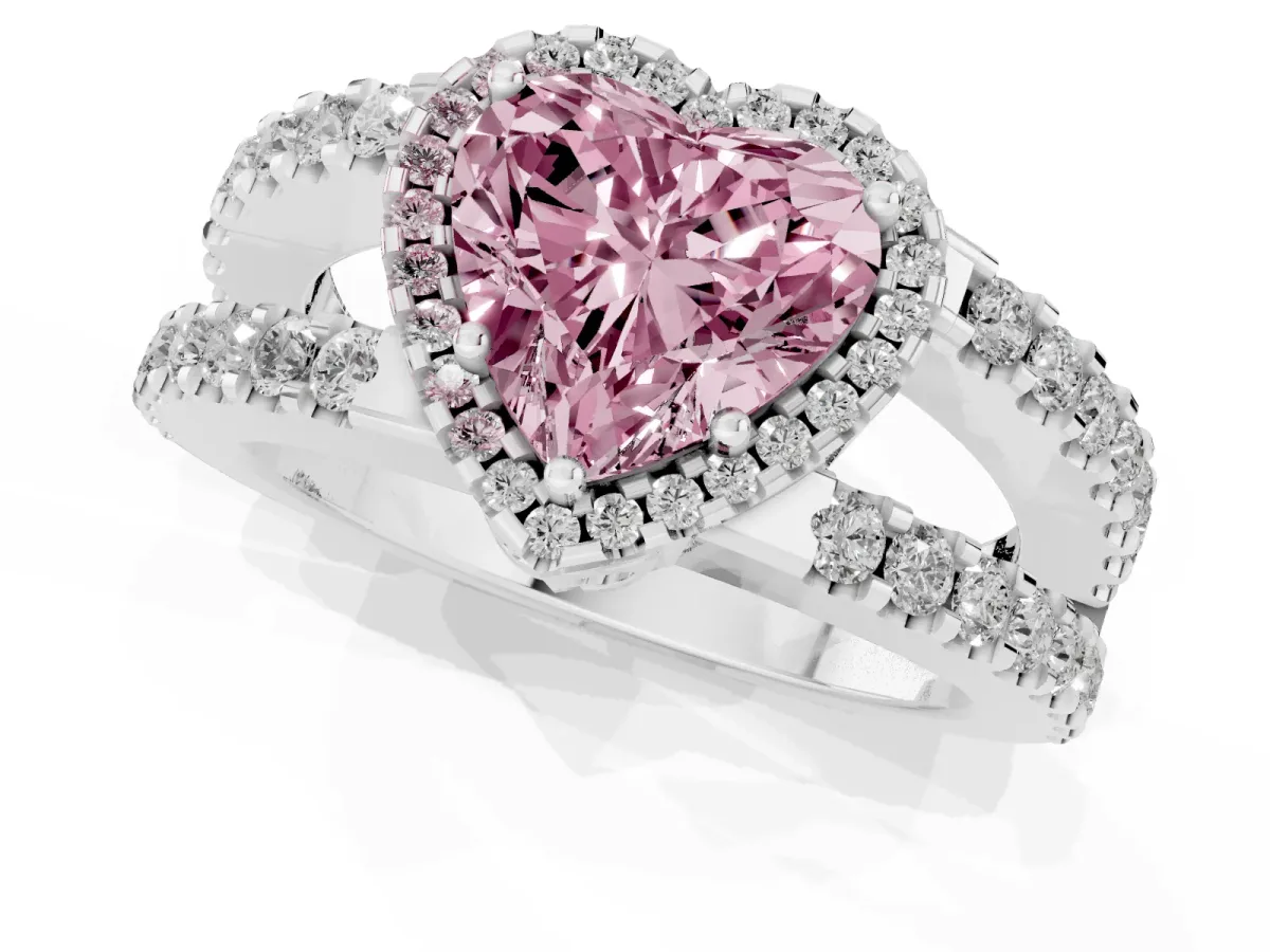 Fancy Pink Heart Cut Cut Halo Split Shank Diamond Ring with Four-Prong Setting Silver