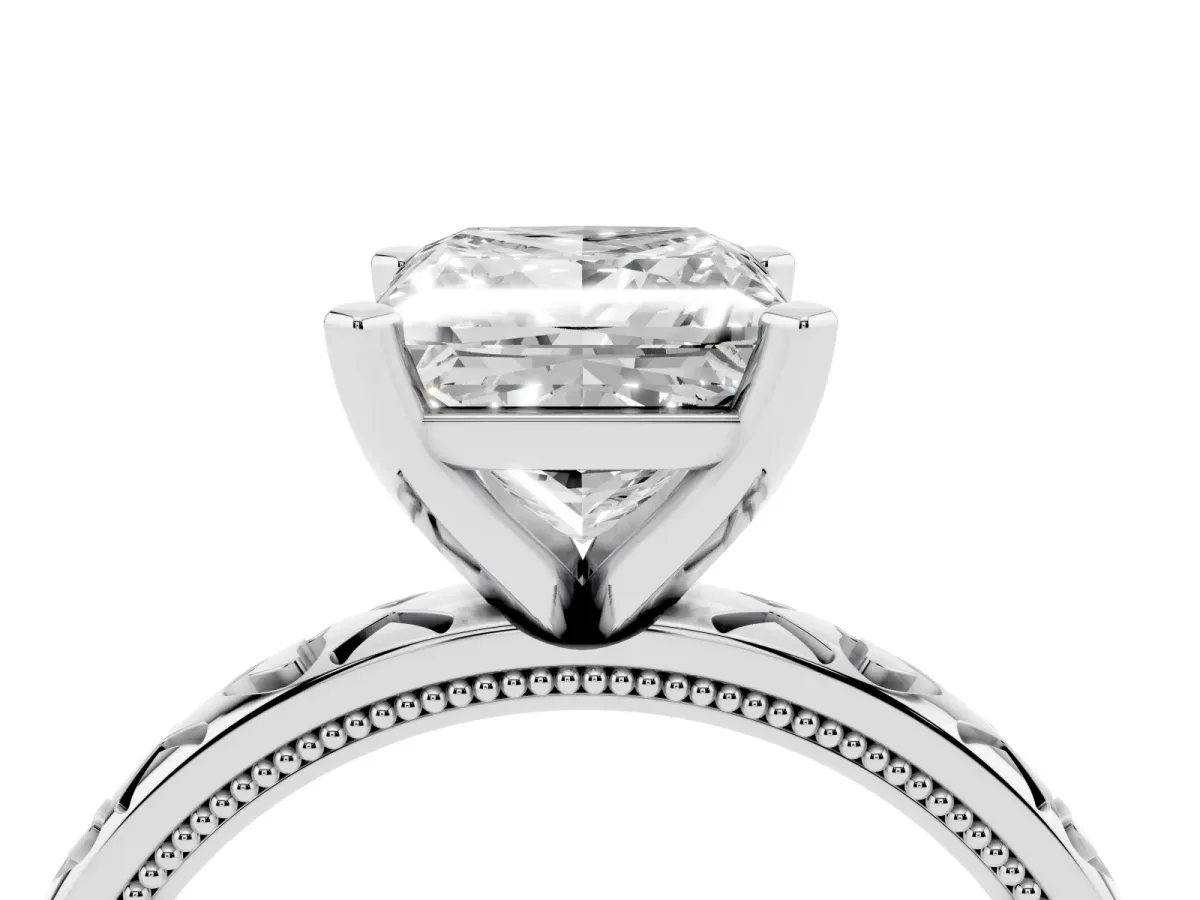 Princess Cut Solitaire Diamond Engagement Ring with XO Engraved Band and Four-Prong Setting White gold