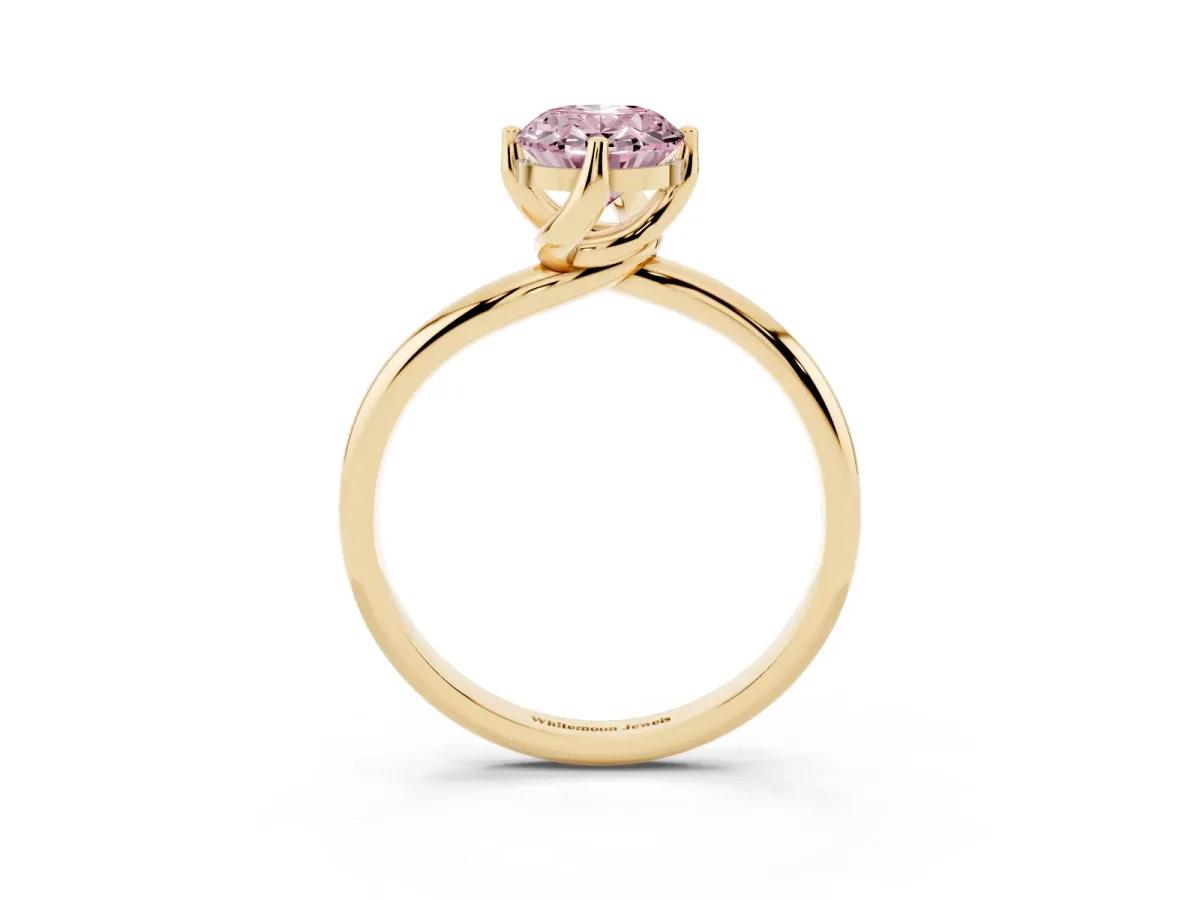 Fancy Pink Oval Cut Diamond Solitaire Engagement Ring with Four-Prong Setting and Classic Band Yellow gold