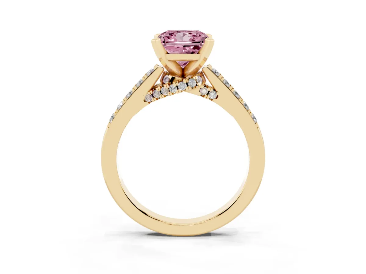Fancy Pink Princess Cut Diamond Solitaire Ring with Crossover Gallery and Round Pavé Band Yellow gold