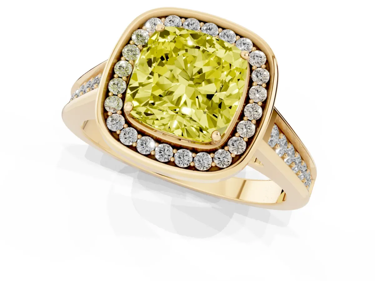 Fancy Yellow Cushion Cut Halo Solitaire Diamond Ring with Pave Band and Bezel Setting Yellow gold