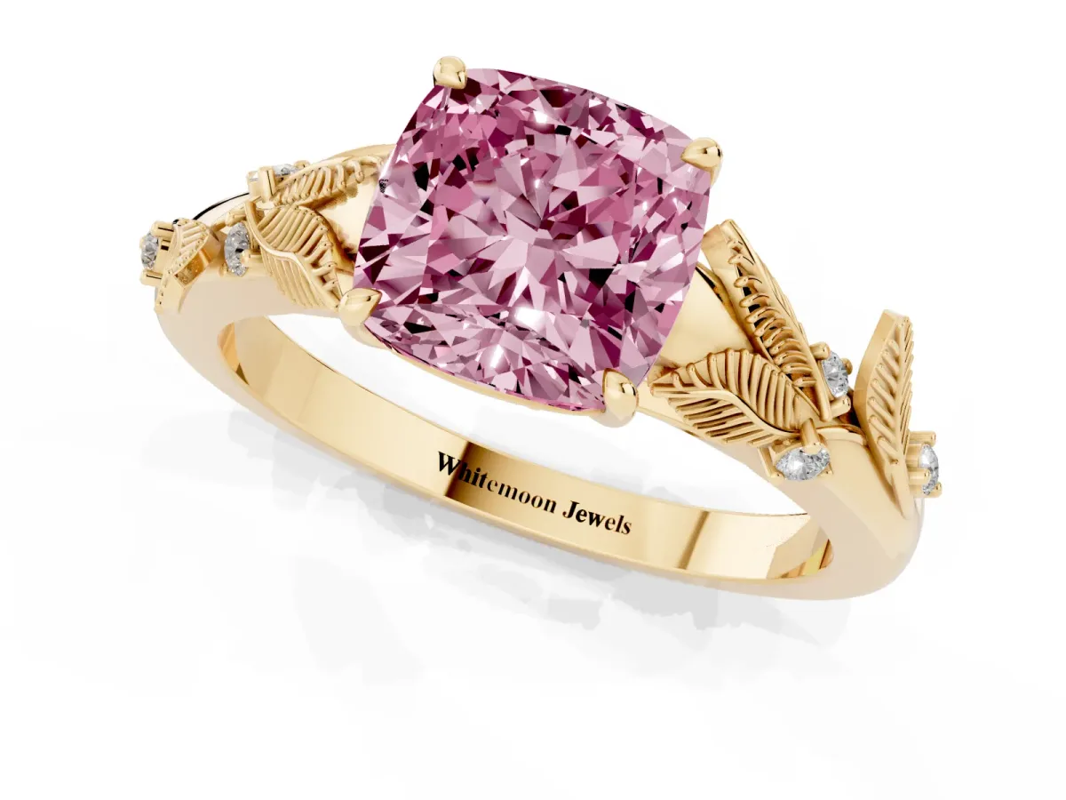 Fancy Pink Cushion Cut Diamond Solitaire Ring with Leaf Motif Band and Four-Prong Setting Yellow gold