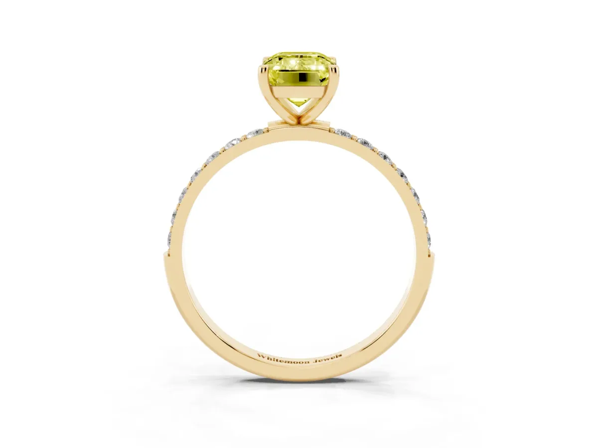 Fancy Yellow Emerald Cut Diamond Solitaire Ring with Round Pavé Shoulders and Prong Setting Yellow gold