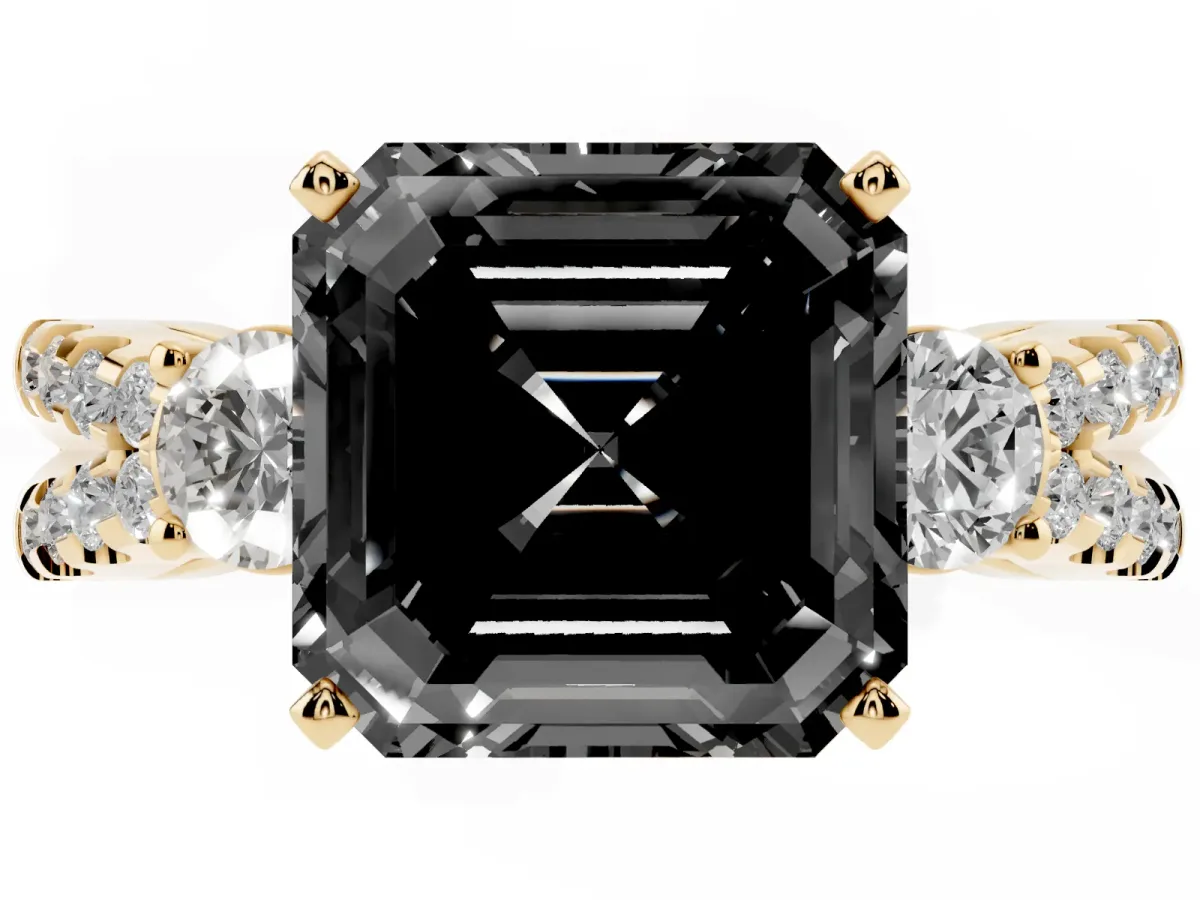 Fancy Black Asscher Cut Diamond Three-Stone Ring with Pavé Split Shank and Four-Prong Setting Yellow gold