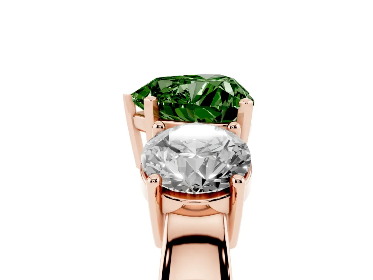 Fancy Green Three-Stone Heart Cut Diamond Ring with Round Side Stones, Classic Band, and Four-Prong Setting Rose gold