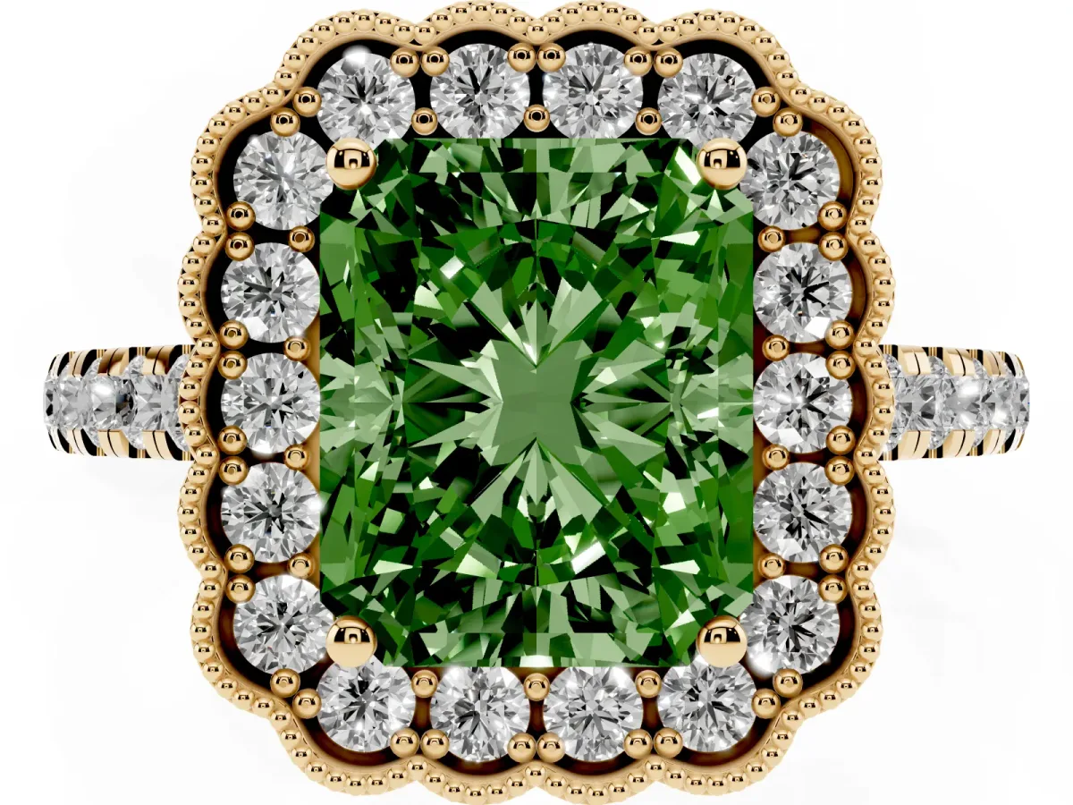 Fancy Green Radiant Cut Cut Diamond Milgrain Floral Halo Engagement Ring with Pavé Band Yellow gold