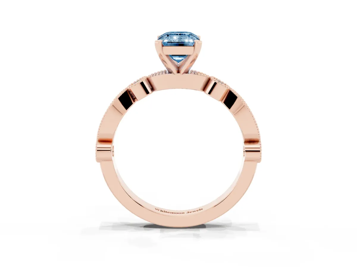 Fancy Blue Emerald Cut Milgrain Bezel Diamond Engagement Ring with Solitaire Prong Setting Rose gold