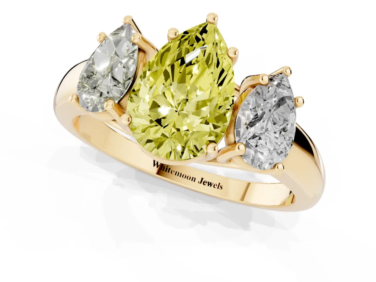 Fancy Yellow Three-Stone Pear Cut Diamond Engagement Ring with Prong Setting Yellow gold