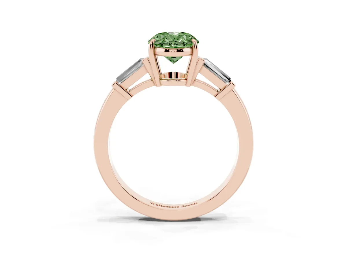 Fancy Green Oval Cut Diamond Three-Stone Ring with Tapered Baguette Side Stones and Prong Setting Rose gold