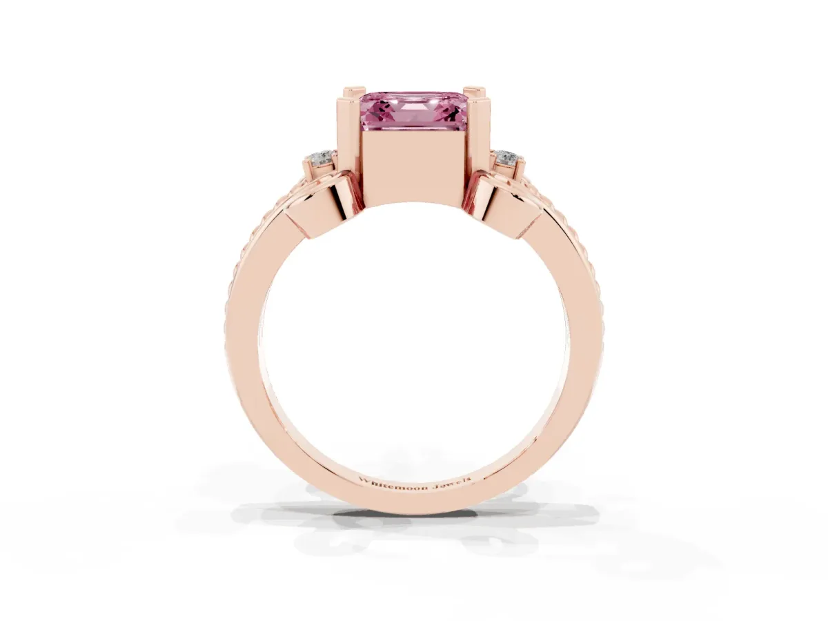 Fancy Pink Asscher Cut Solitaire Twisted Band Scroll Prong Ring Rose gold