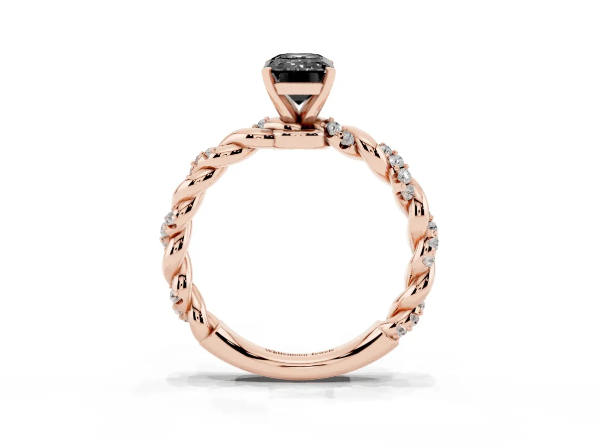 Fancy Black Emerald Cut Diamond Solitaire Ring with Twisted Band and Pavé Accents Rose gold