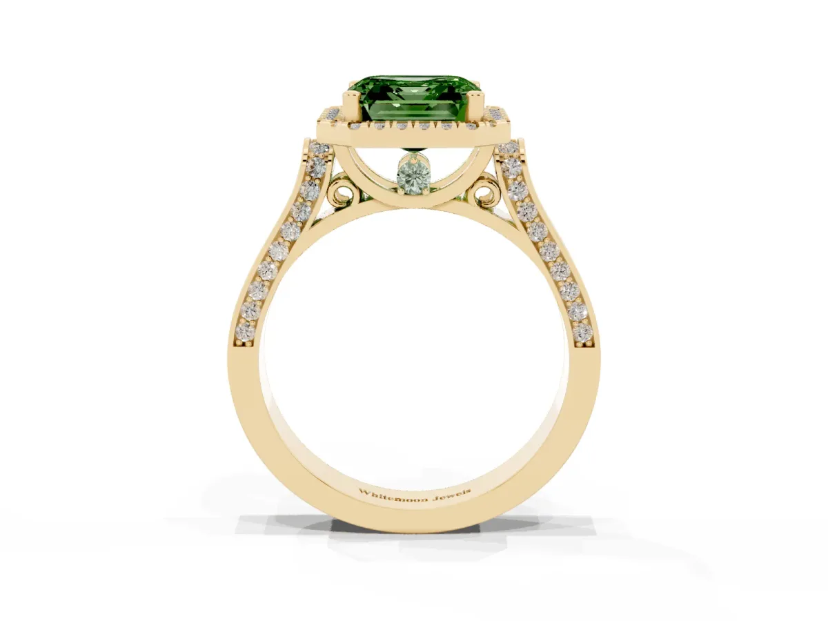 Fancy Green Asscher Cut Halo Pave Split Shank Prong Setting Ring Yellow gold