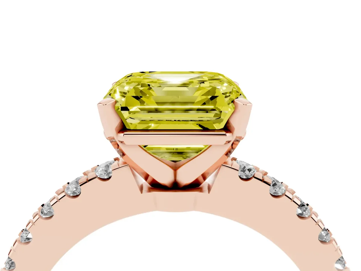 Fancy Yellow Asscher Cut Solitaire Diamond with Pavé Band and Four-Prong Setting Rose gold