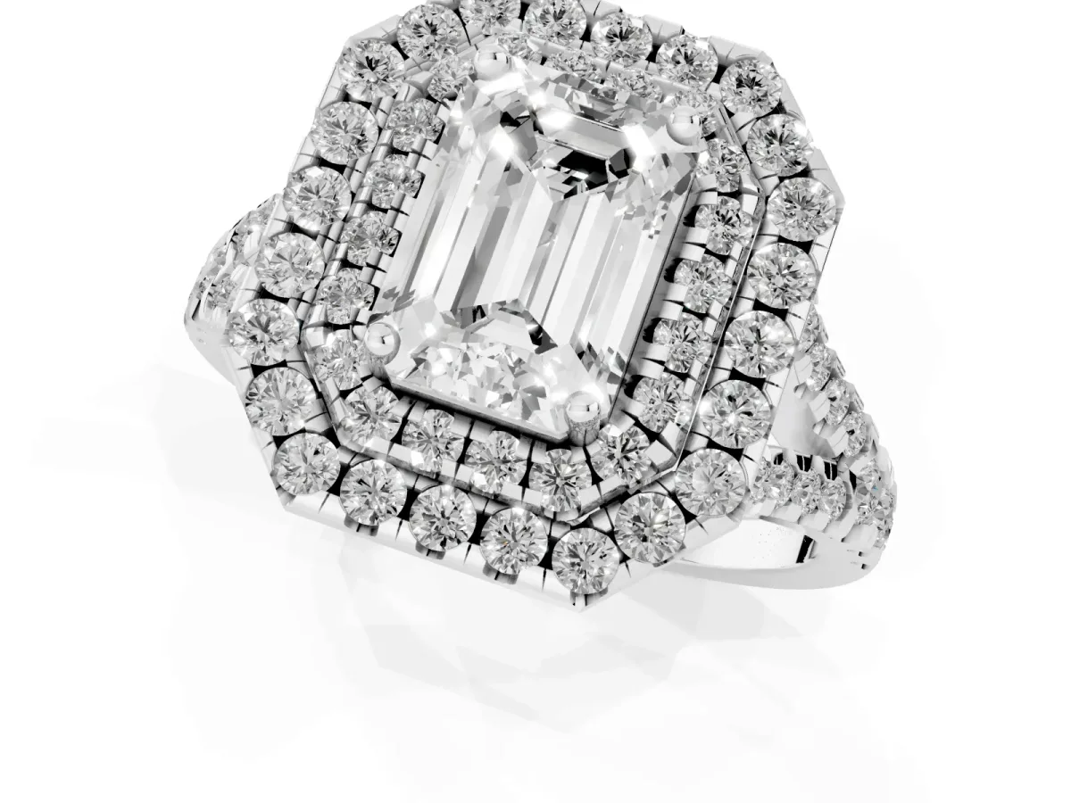 Double Halo Emerald Cut Diamond Pavé Split Shank Ring with Prong Setting White gold