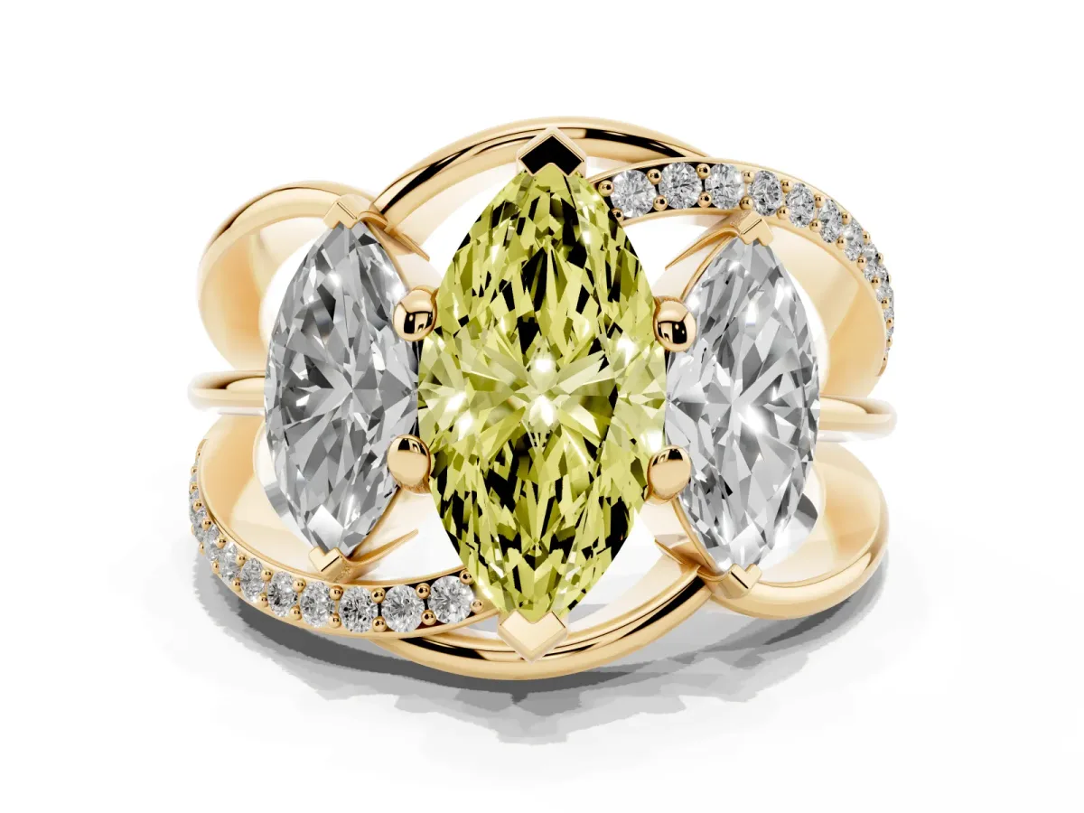 Fancy Yellow Three-Stone Marquise Cut Cut Diamond Split Shank Prong Set Ring Yellow gold