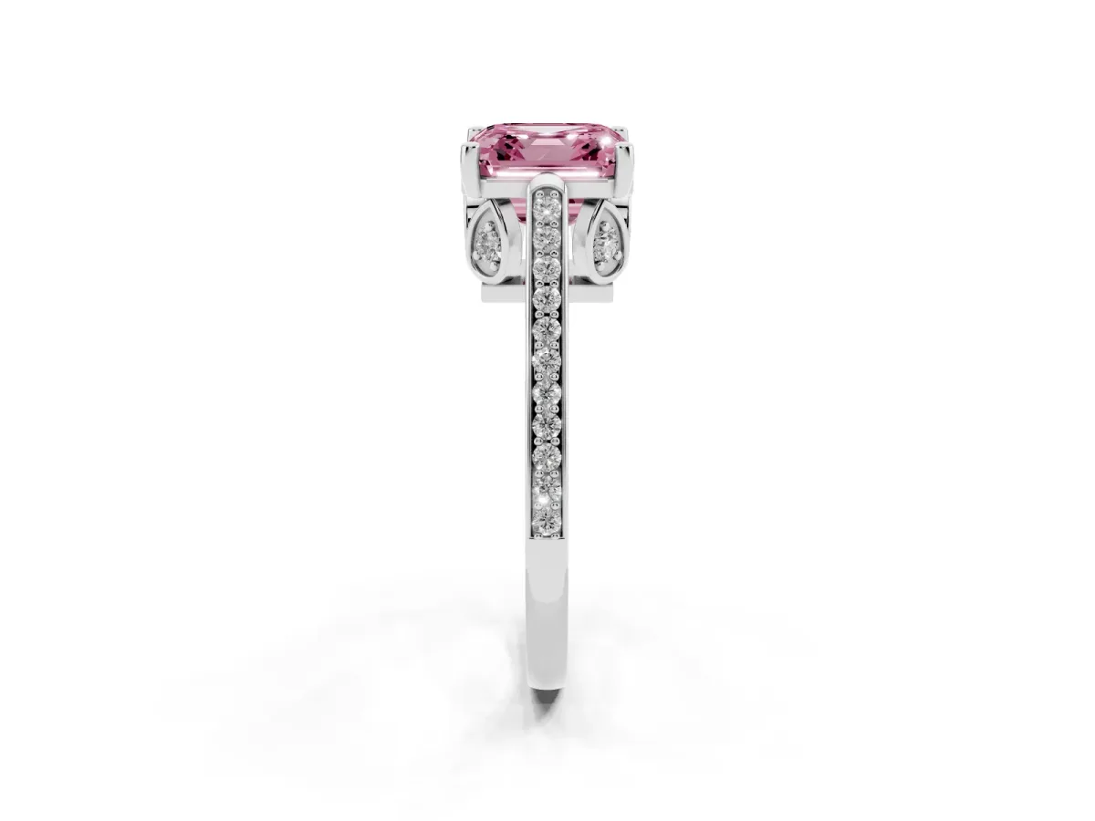 Fancy Pink Asscher Cut Cut Cathedral Pave Diamond Engagement Ring with Six-Prong Setting Silver