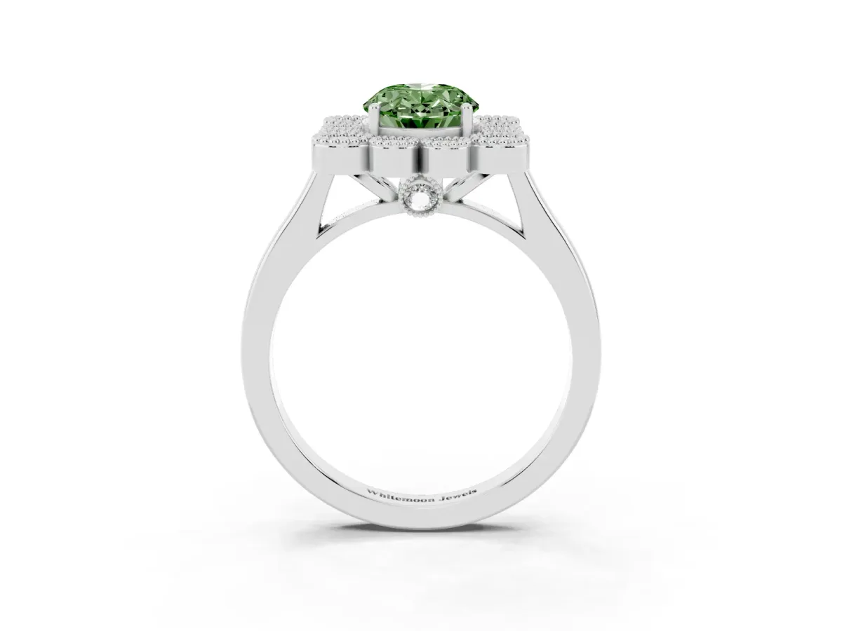 Fancy Green Oval Cut Halo Diamond Cluster Engagement Ring with Milgrain Bezel Setting and Solitaire Band Silver