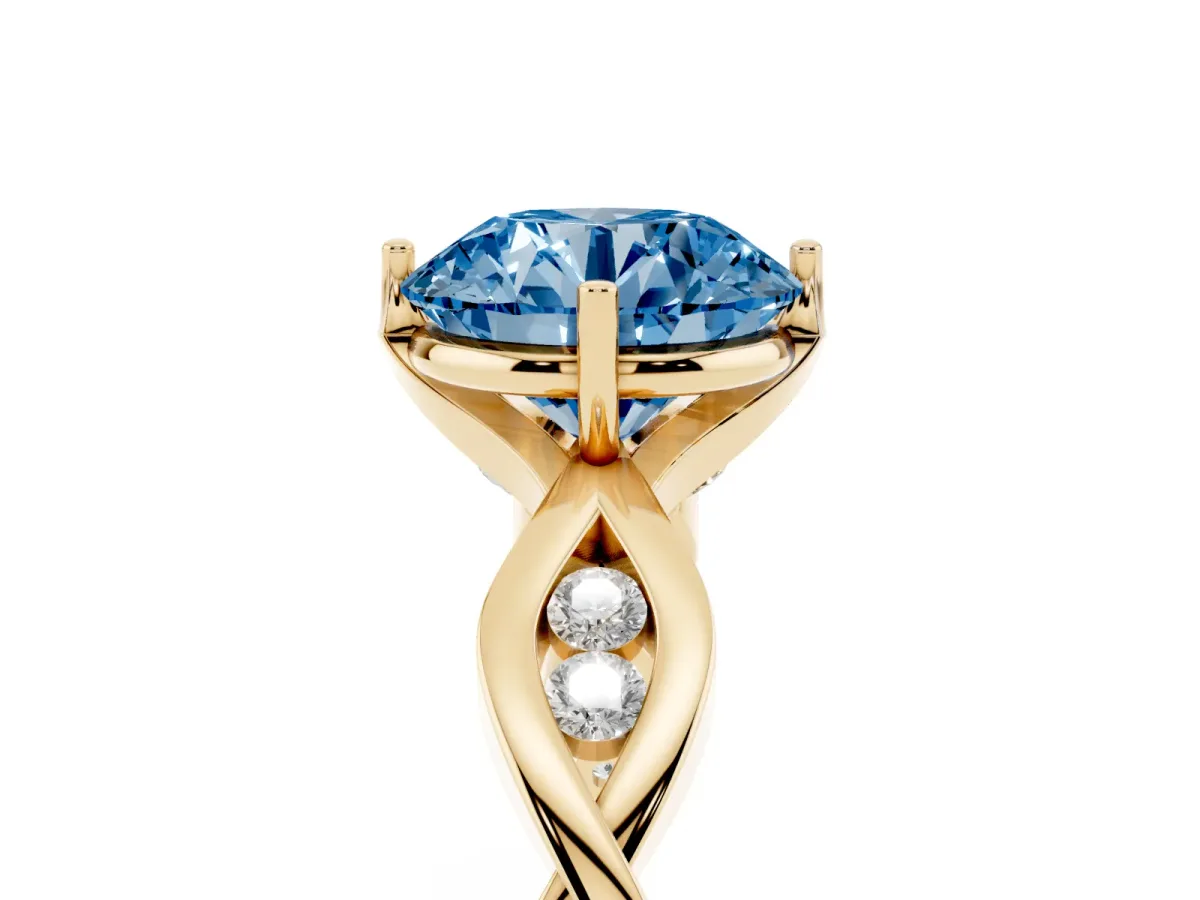 Fancy Blue Round Cut Solitaire Twist Band with Leaf Prong Setting Yellow gold