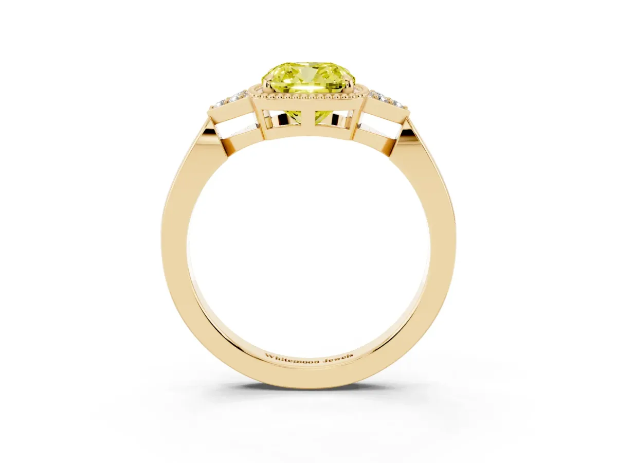 Fancy Yellow Cushion Cut Diamond Halo Ring with Tapered Band and Four-Prong Setting Yellow gold