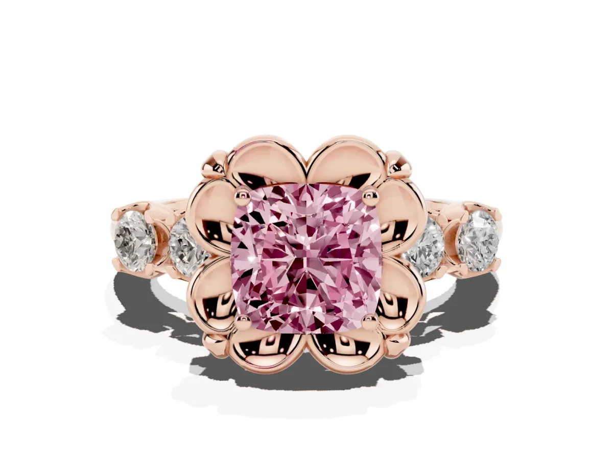 Fancy Pink Cushion Cut Cut Diamond Floral Halo Engagement Ring with Shared Prong Setting Rose gold