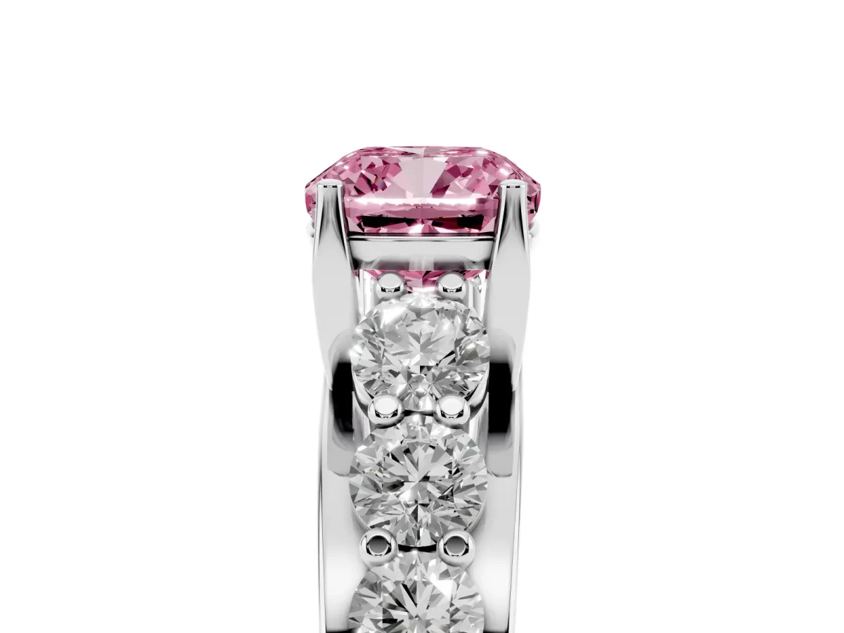 Fancy Pink Cushion Cut Diamond Engagement Ring with Pavé Band and Four-Prong Setting Silver
