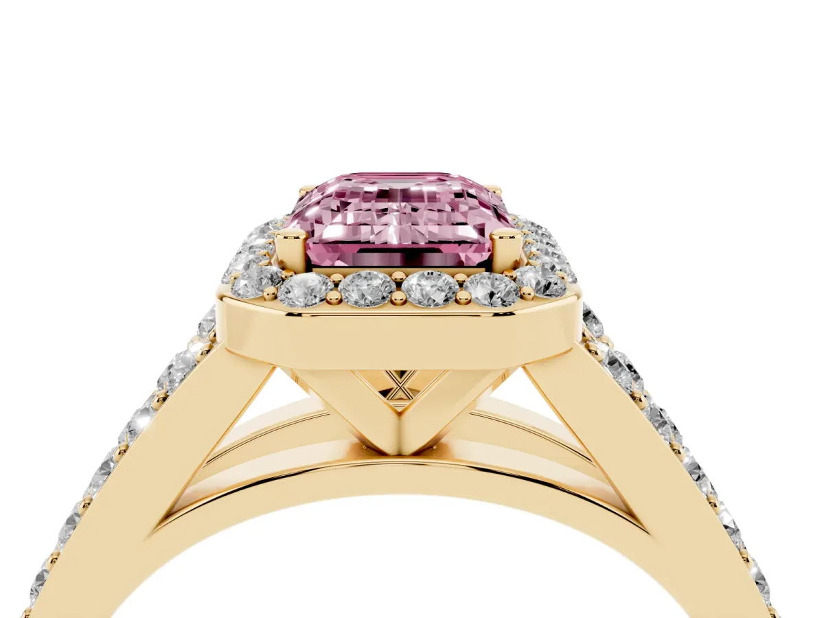 Fancy Pink Emerald Cut Diamond Split Shank Halo Ring with Four-Prong Setting Yellow gold