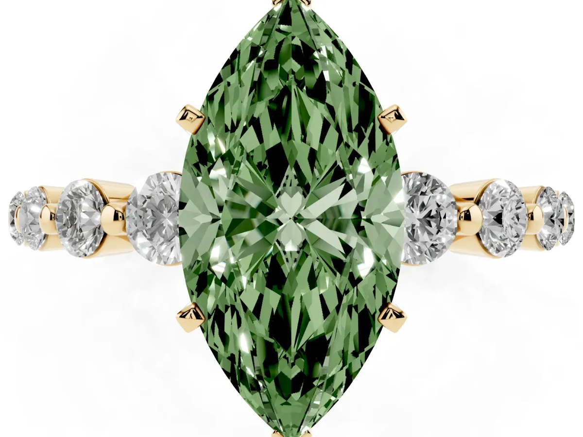 Fancy Green Marquise Cut Solitaire Diamond Ring with Pave Band and Four-Prong Setting Yellow gold