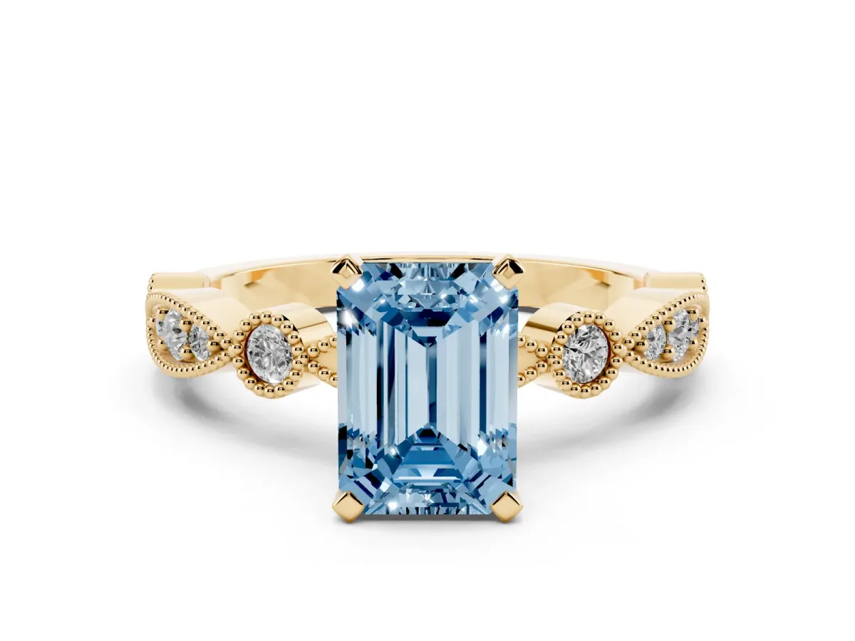 Fancy Blue Emerald Cut Milgrain Bezel Diamond Engagement Ring with Solitaire Prong Setting Yellow gold