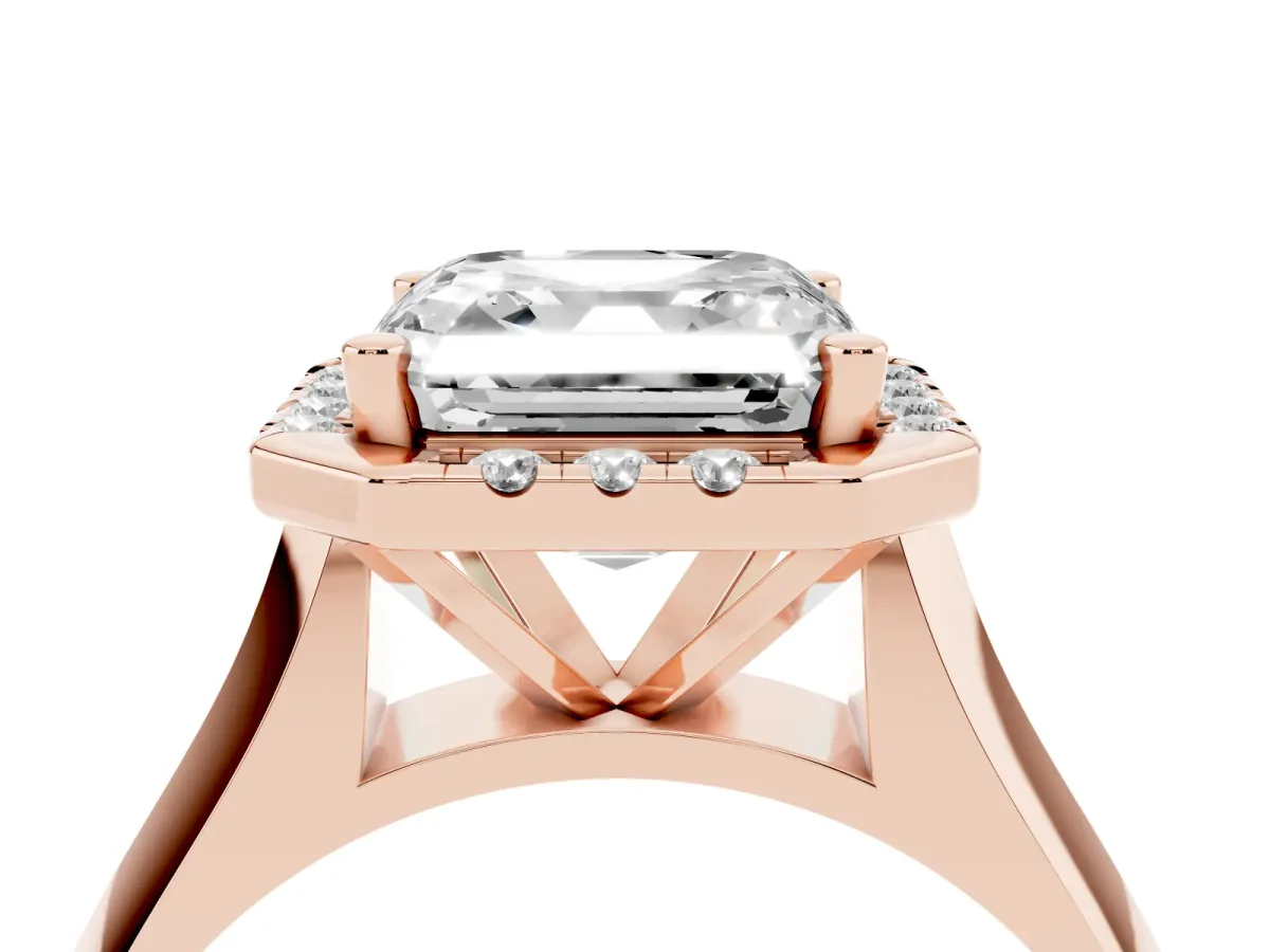 Asscher Cut Cut Halo Solitaire Engagement Ring with Square Band and Four-Prong Setting Rose gold