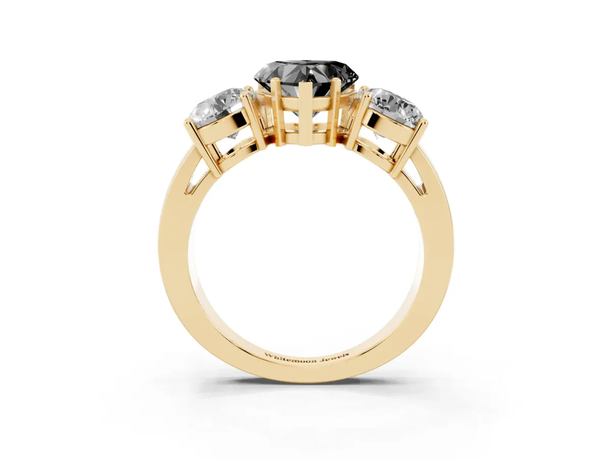 Fancy Black Three-Stone Heart Cut Diamond Ring with Round Side Stones, Classic Band, and Four-Prong Setting Yellow gold