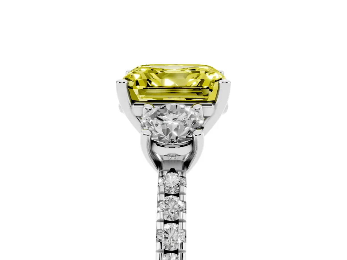 Fancy Yellow Three-Stone Asscher Cut Cut Diamond Pavé Band with Prong Setting Silver