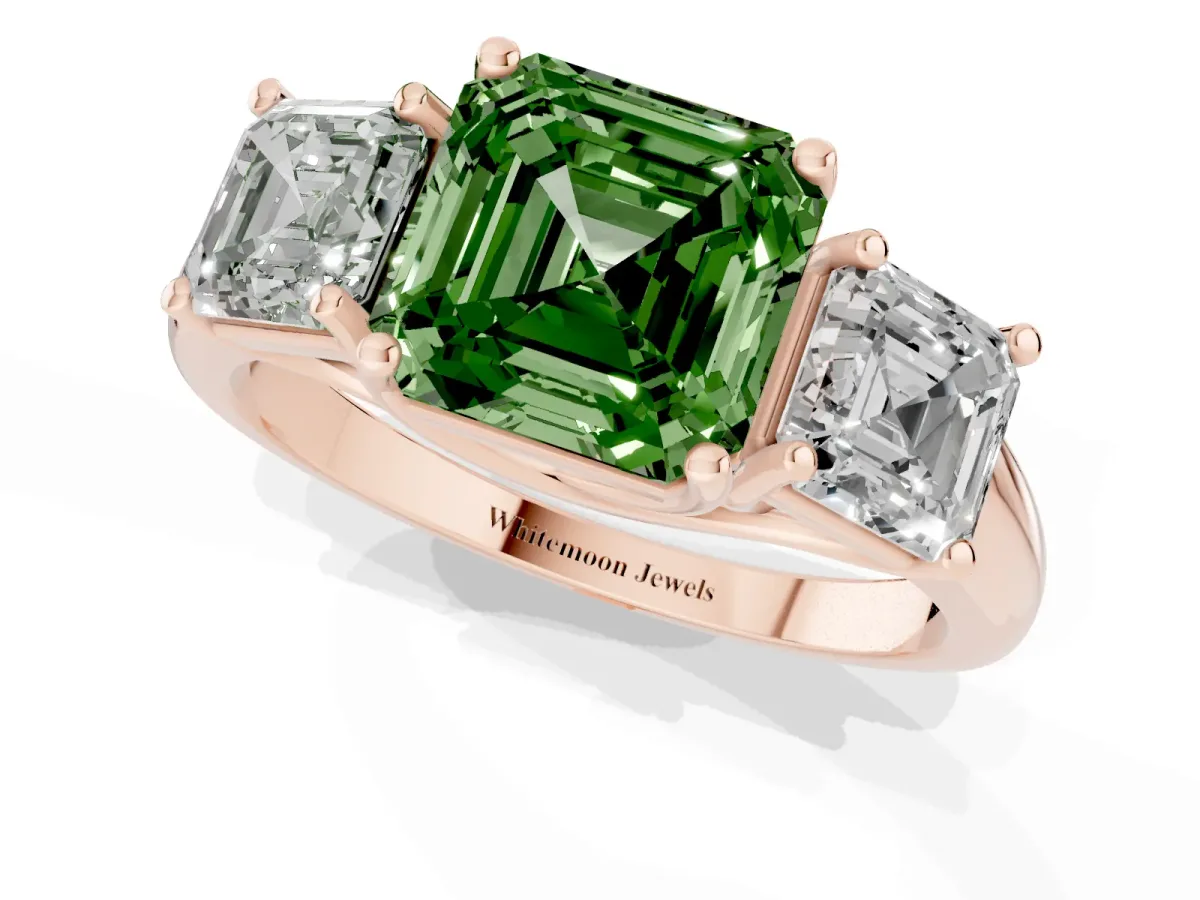 Fancy Green Three-Stone Asscher Cut Diamond Engagement Ring with Prong Setting Rose gold