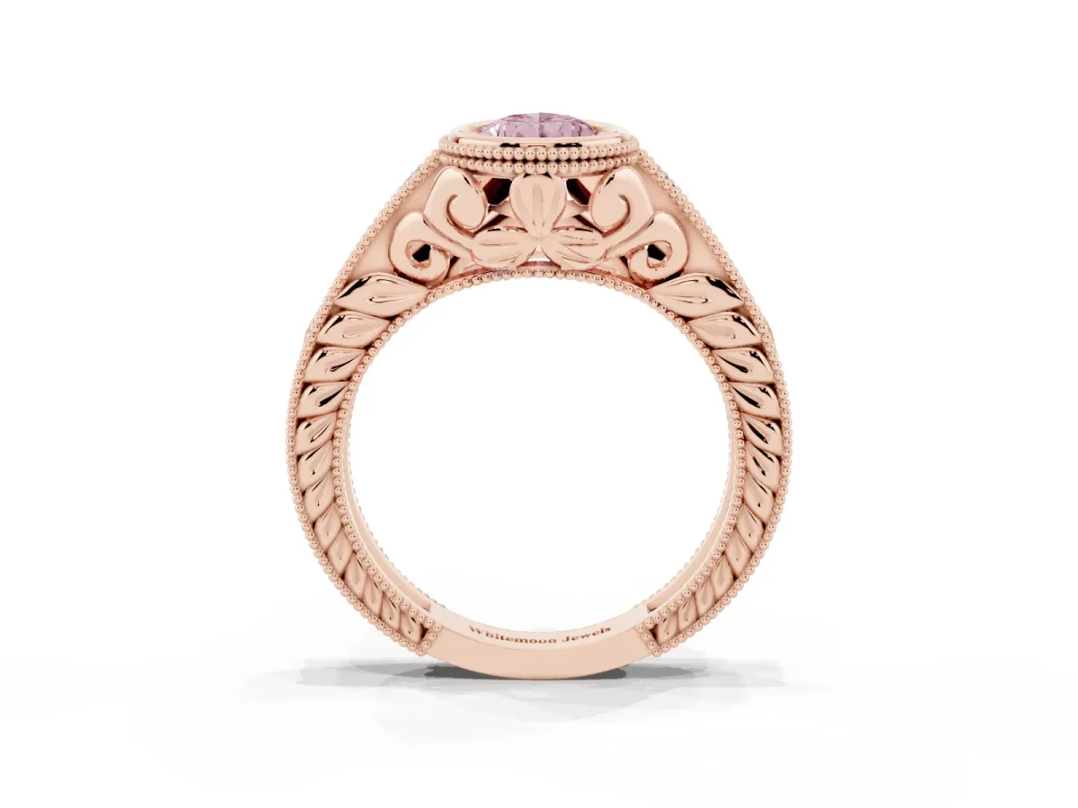 Fancy Pink Bezel Set Pear Cut Diamond Milgrain Pave Engagement Ring Rose gold
