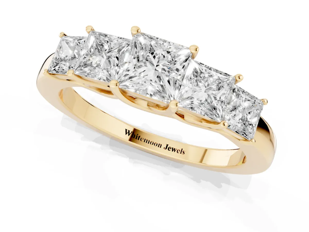 Princess Cut Five-Stone Diamond Ring with Classic Prong Setting Yellow gold