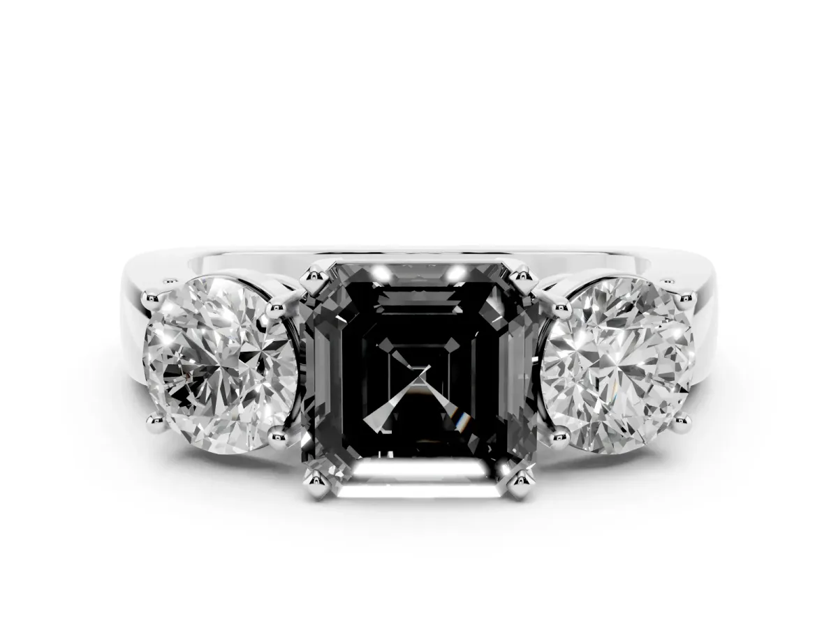 Fancy Black Three-Stone Asscher Cut Diamond Ring with Round Side Stones, Classic Band, and Four-Prong Setting Platinum