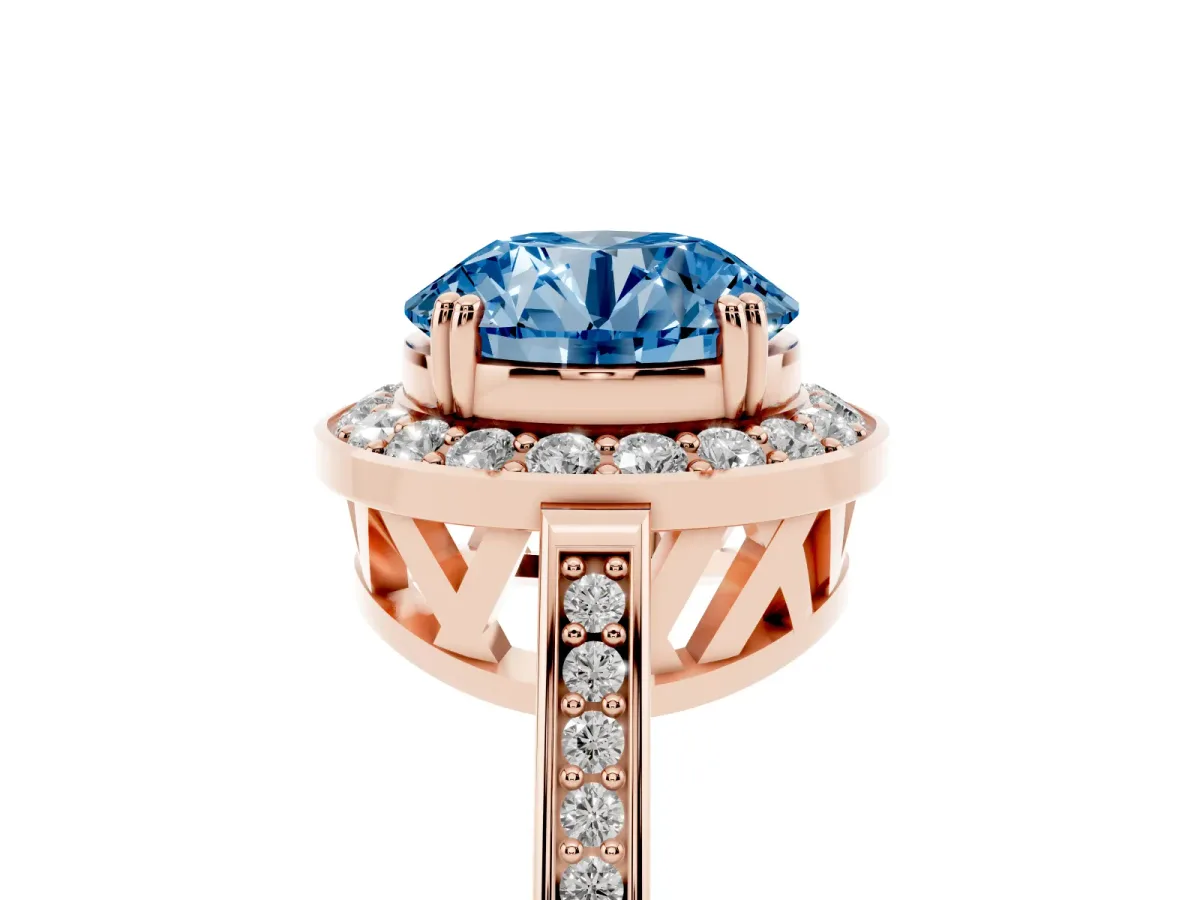 Fancy Blue Round Cut Diamond Halo Ring with Split Shank and Four-Prong Setting Rose gold